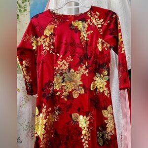 Ao dai nhung velvet, Vietnamese traditional long dress set m 2 red 🎁 birthday 🧧